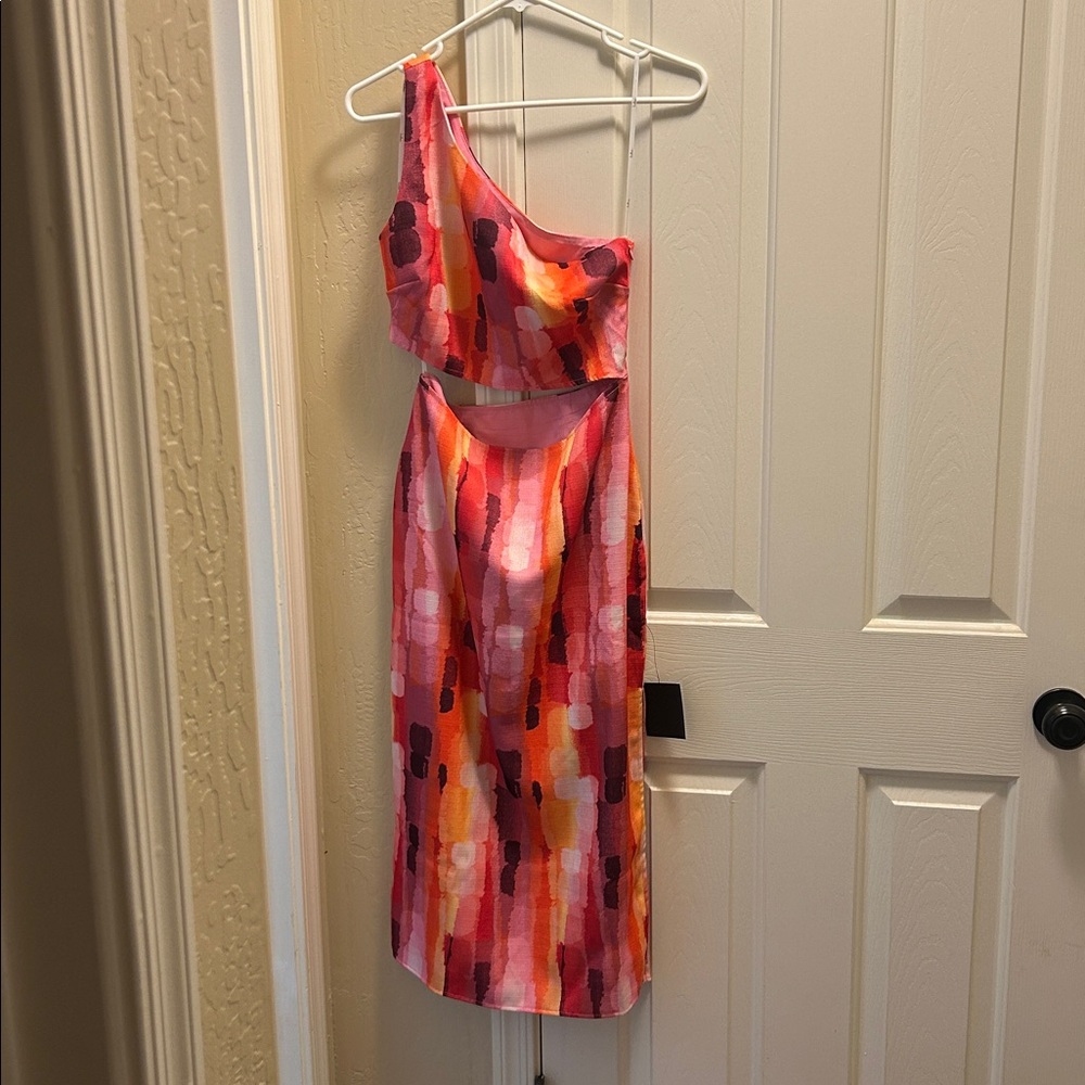 Lulus Luminous Vibes Hot Pink Abstract One-shoulder Cutout Midi Dress - Size S - Picture 5 of 8